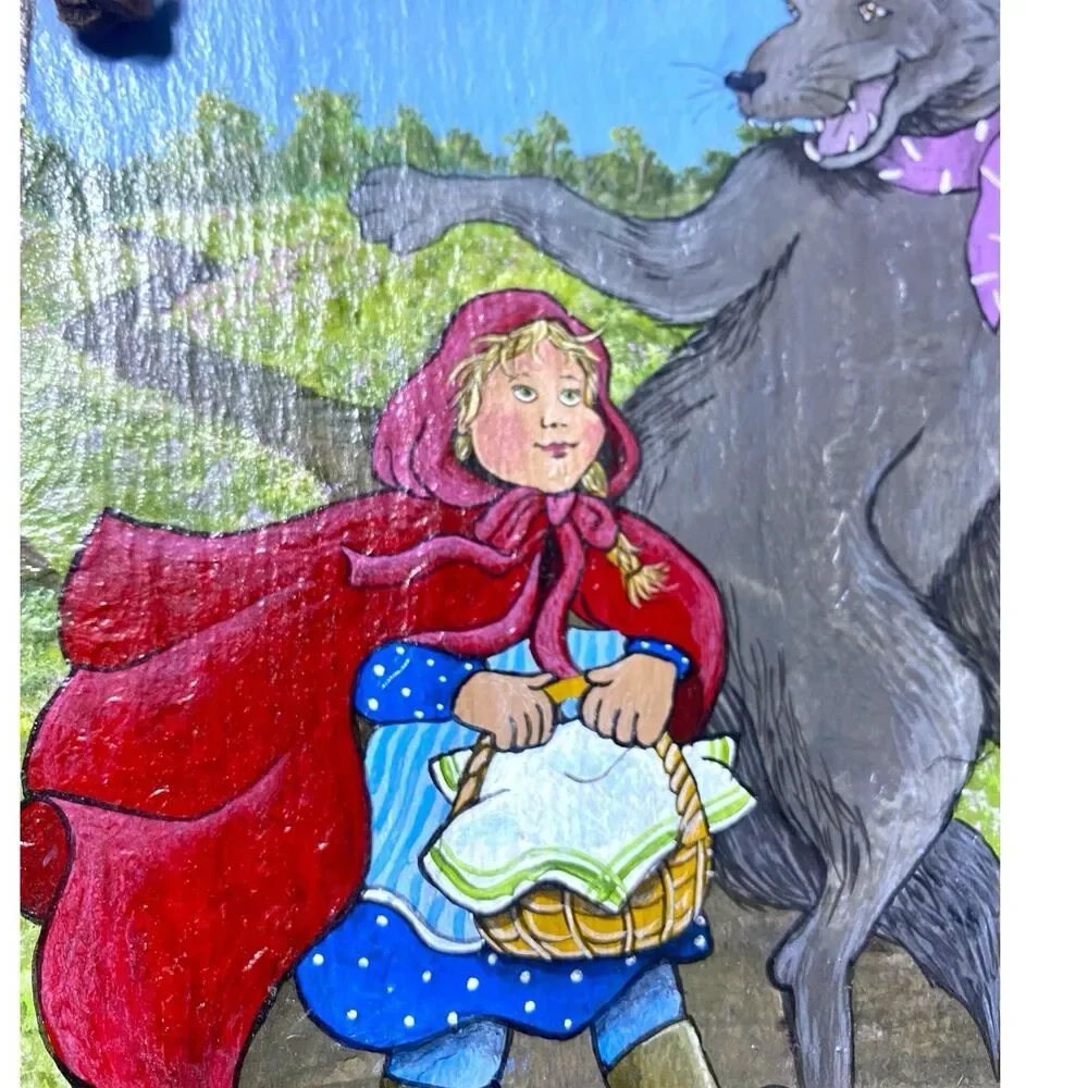 Vintage Hand Painted Little Red Riding Hood Wolf Slate Rock Wall Hanging Decor